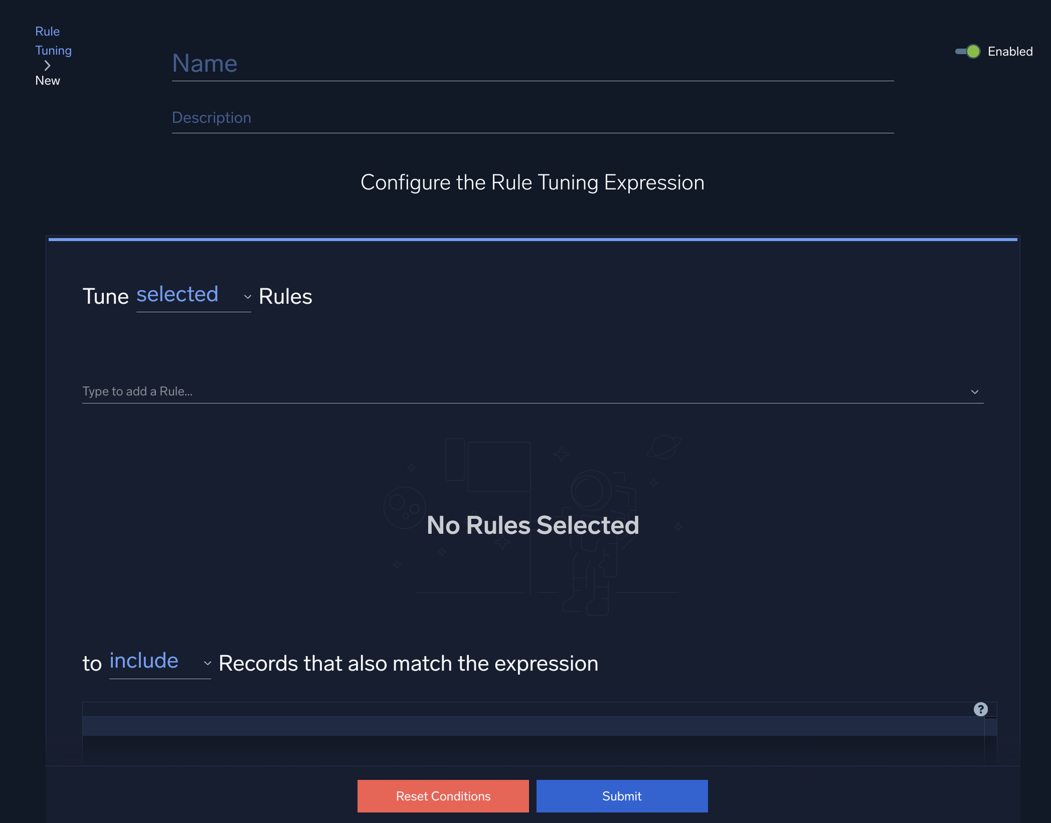 Empty screen to create a rule tuning expression