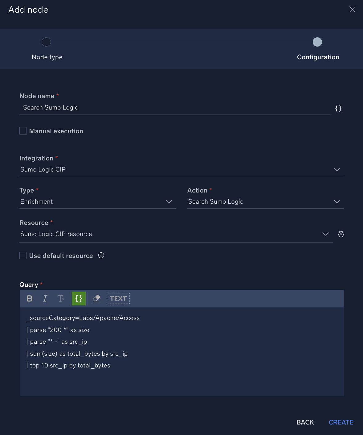 Add Search Sumo Logic node