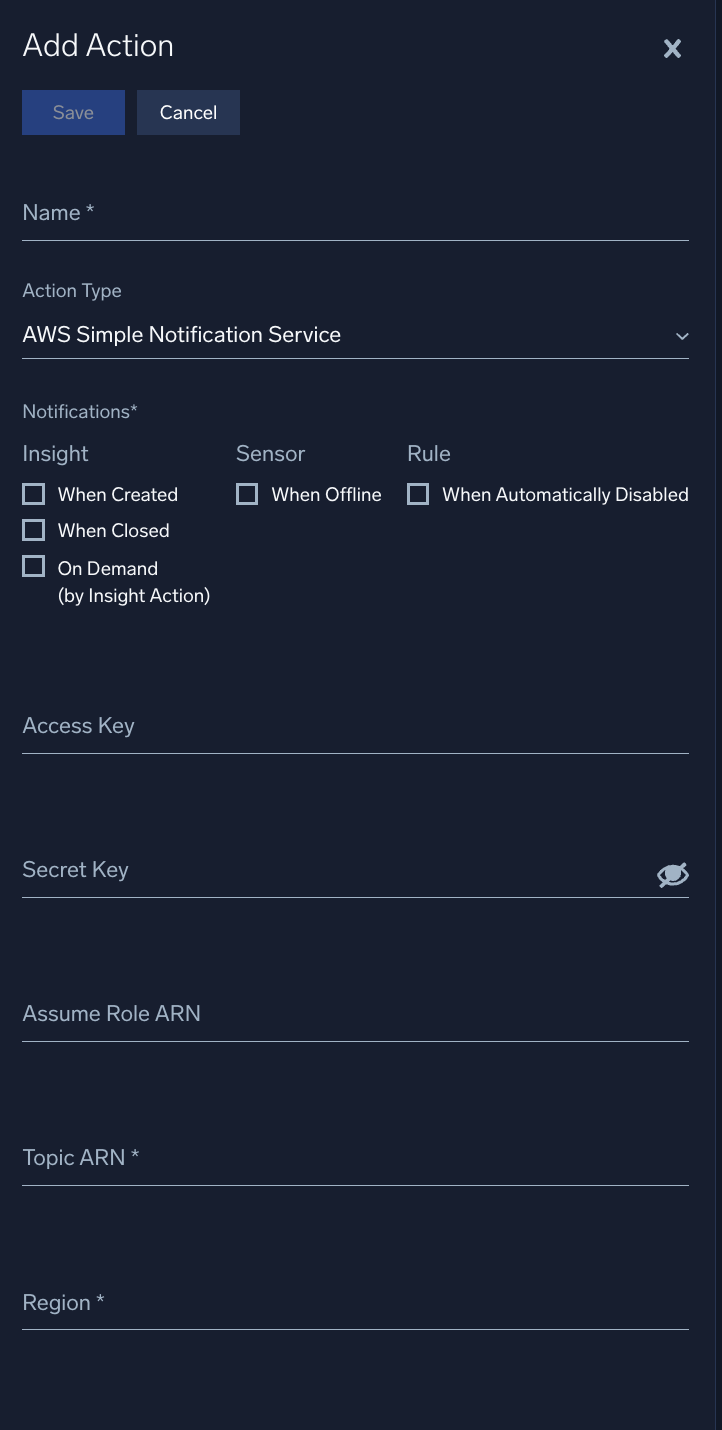 Create action dialog