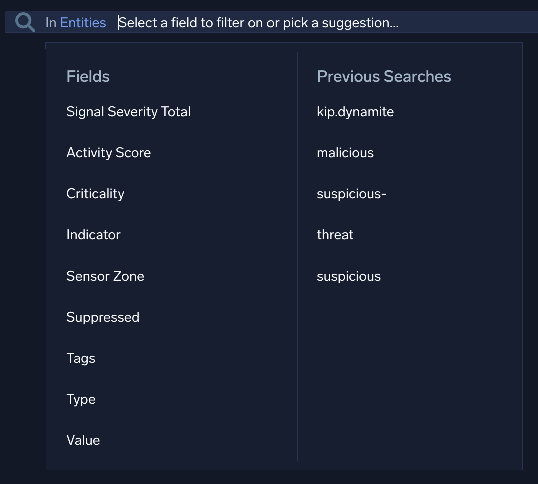 List of fields to filter on