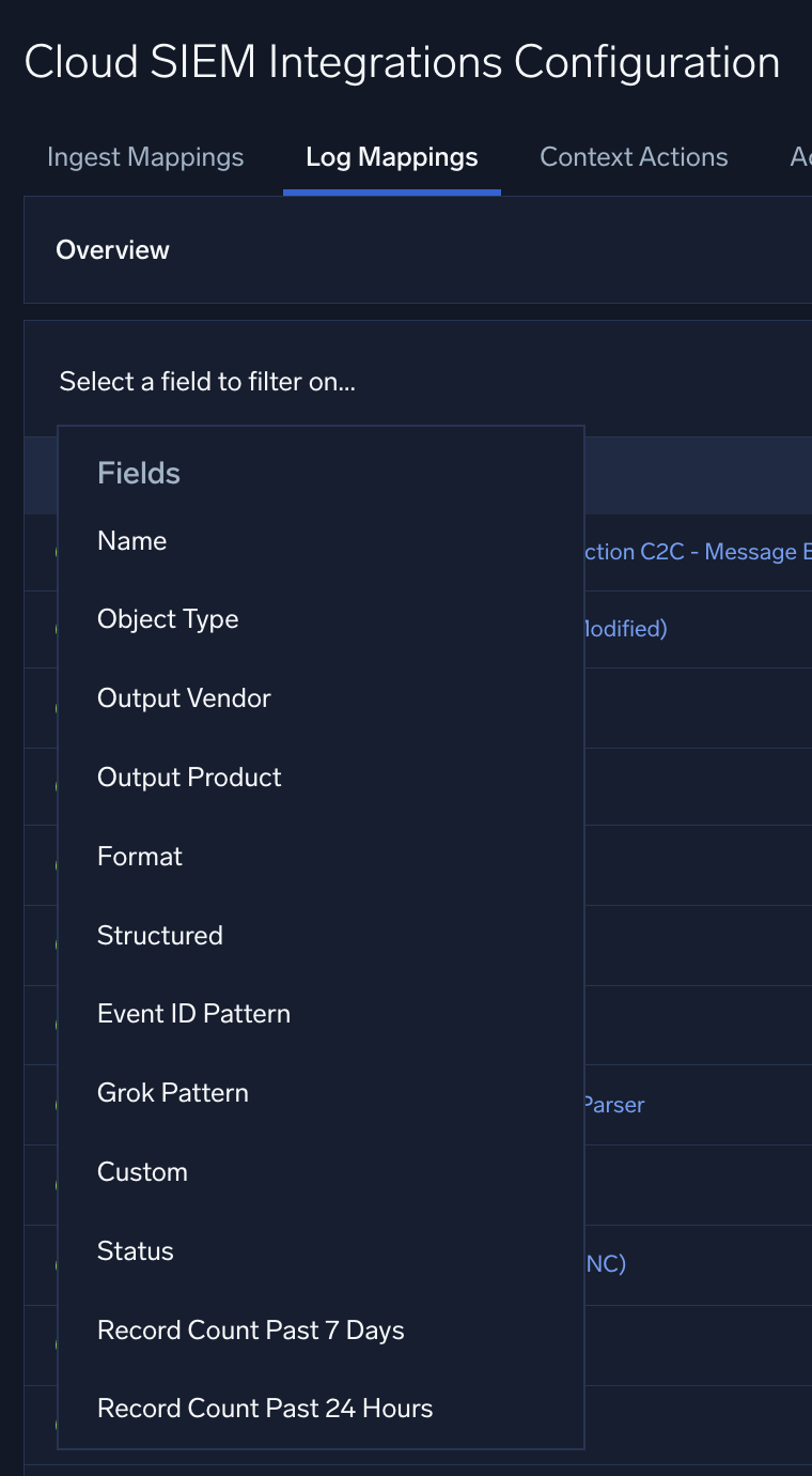 Log Mappings filters