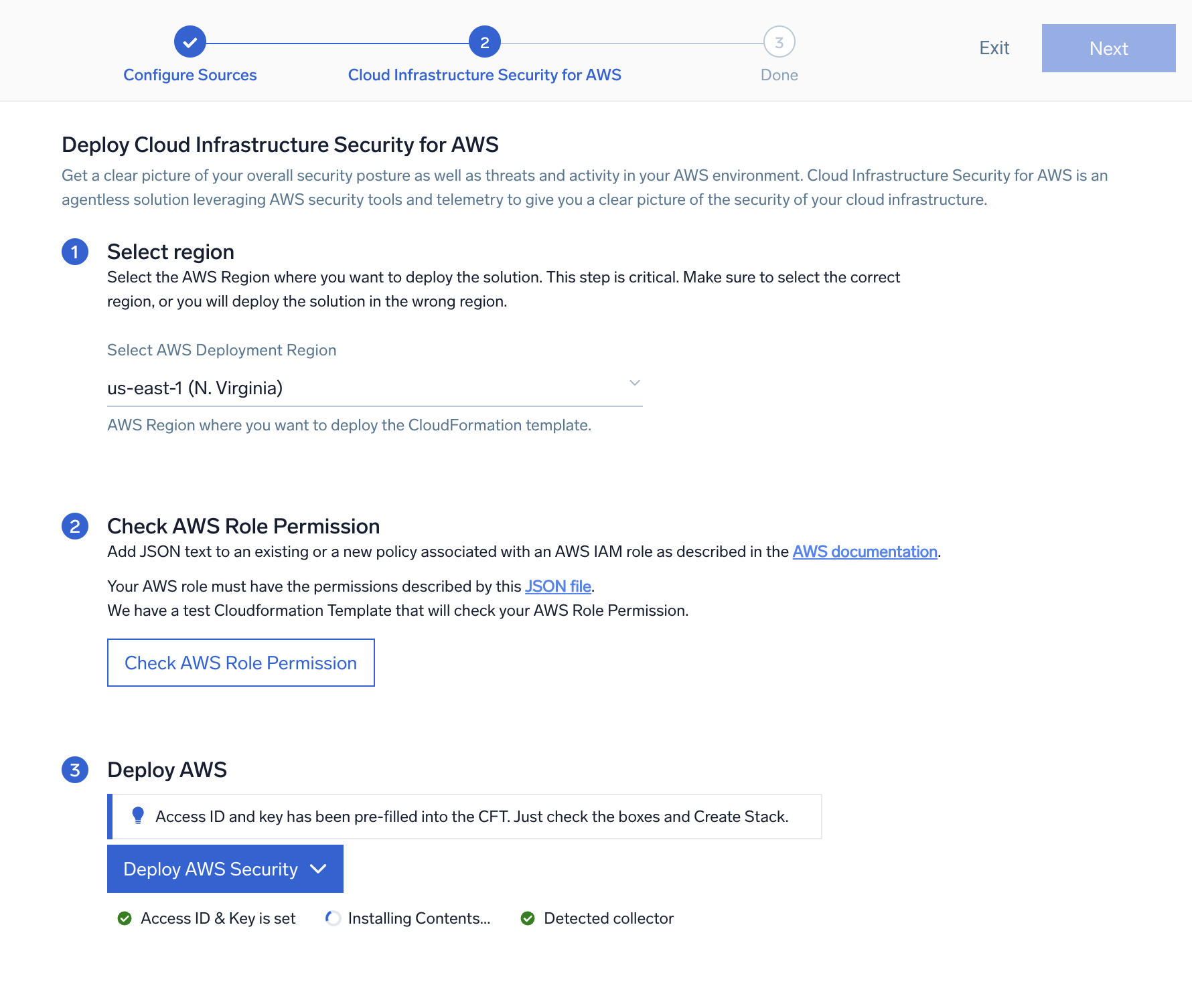 Deploy Cloud Infrastructure Security for AWS screen