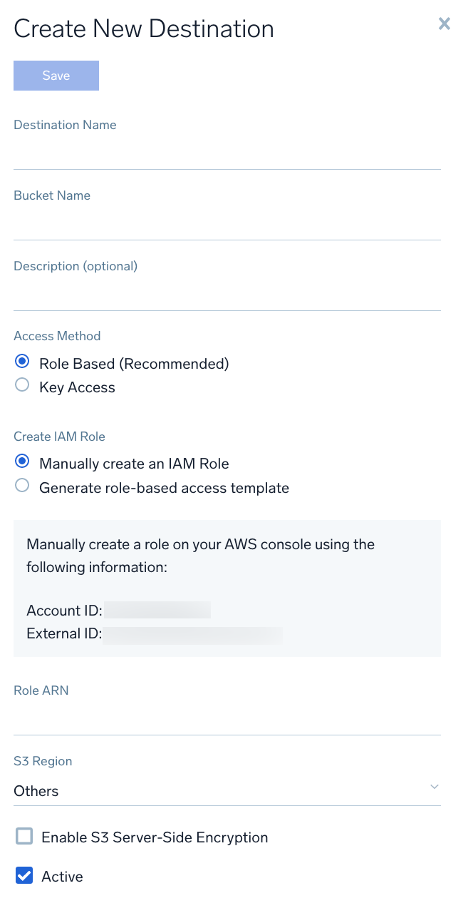 Create S3 Destination popup