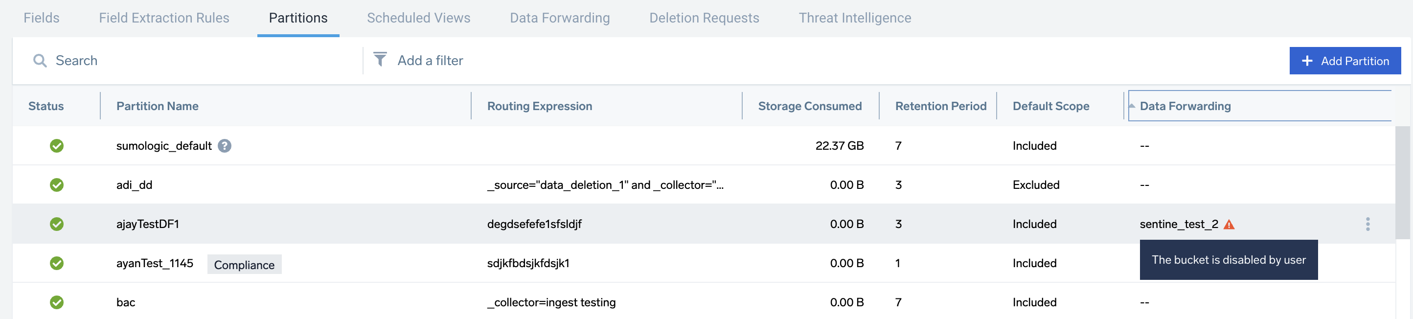 Errors and alerts on the partitions page