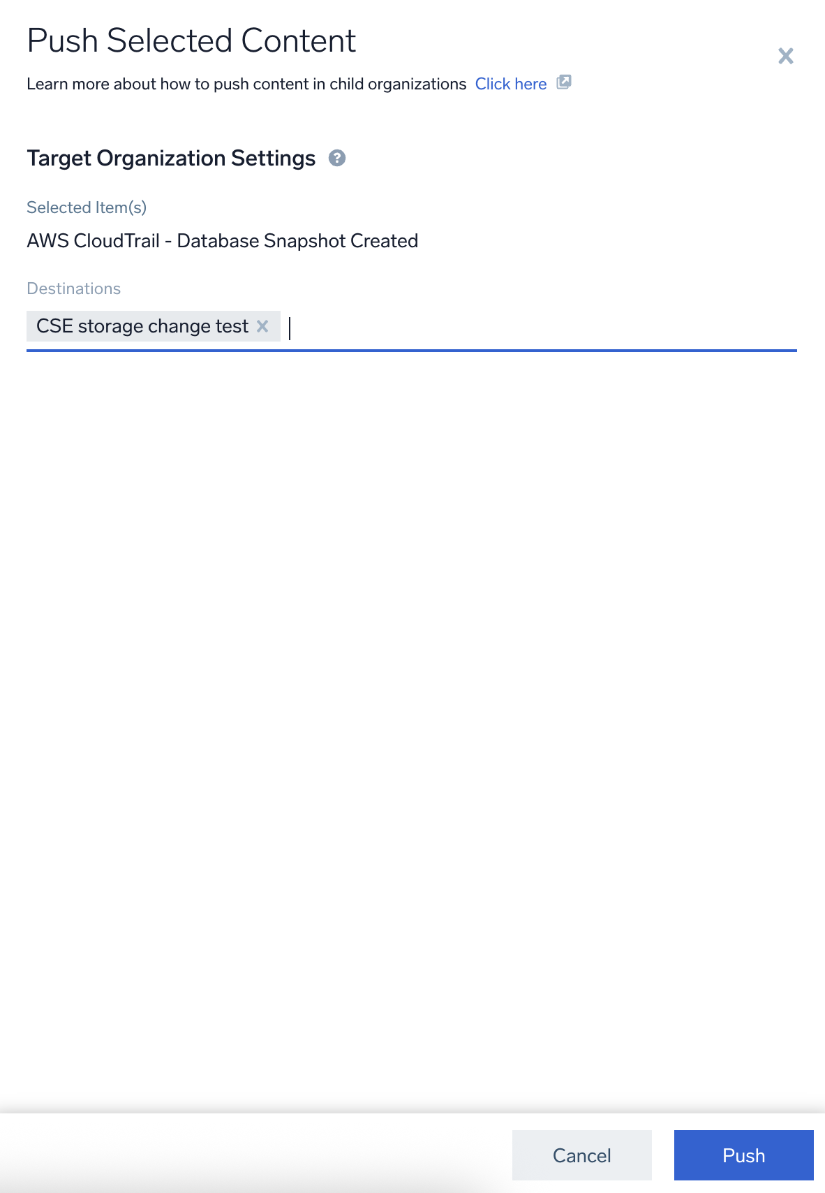 Push Selected Items dialog