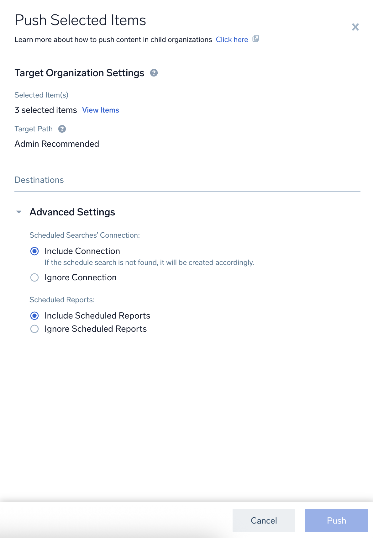 Push Selected Items dialog