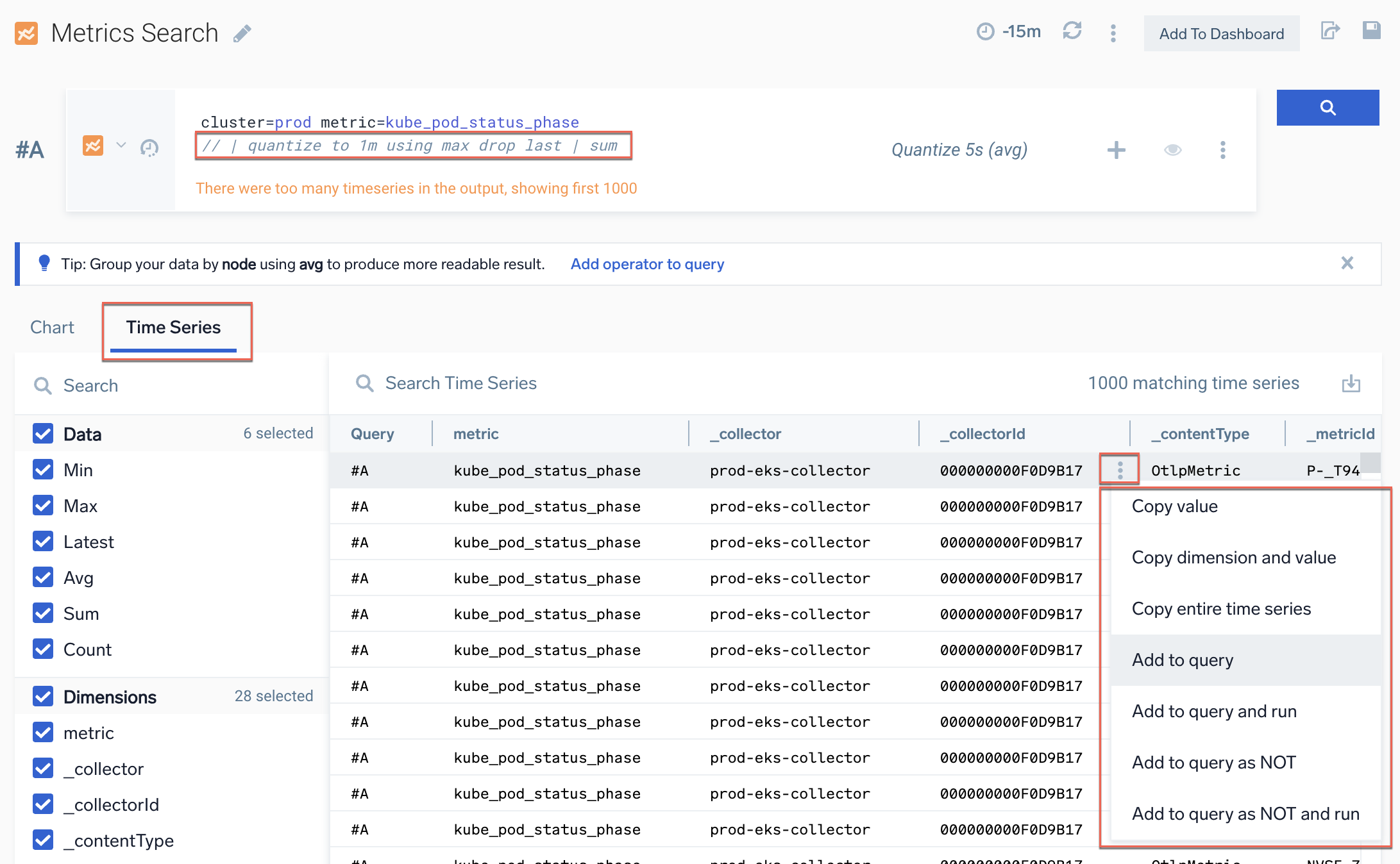 Time series with a metric query
