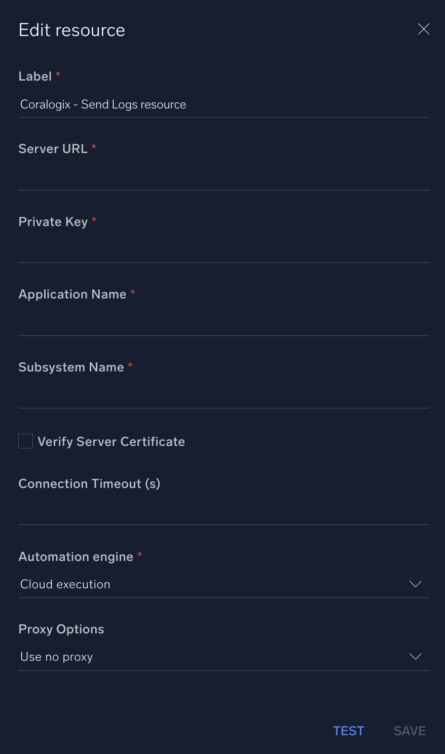 Coralogix Send Logs configuration