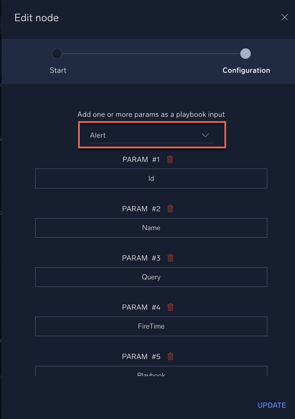 Playbook edit node for an alert