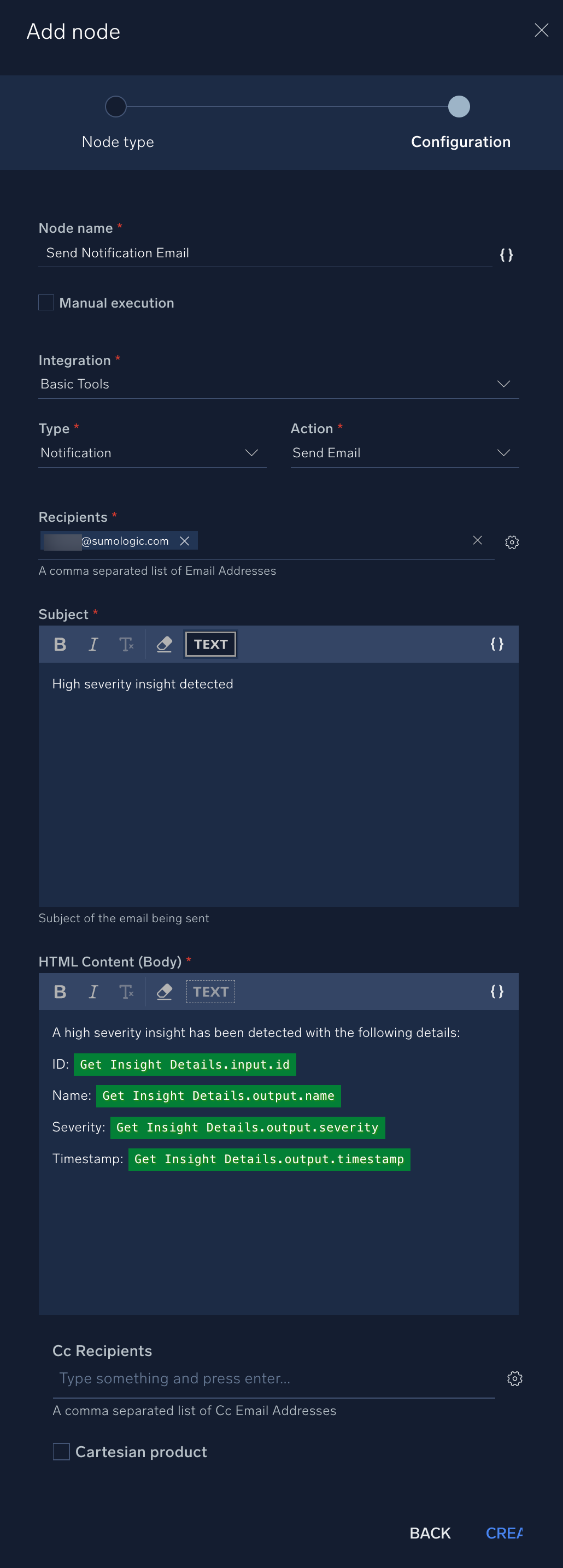 Add notification email node