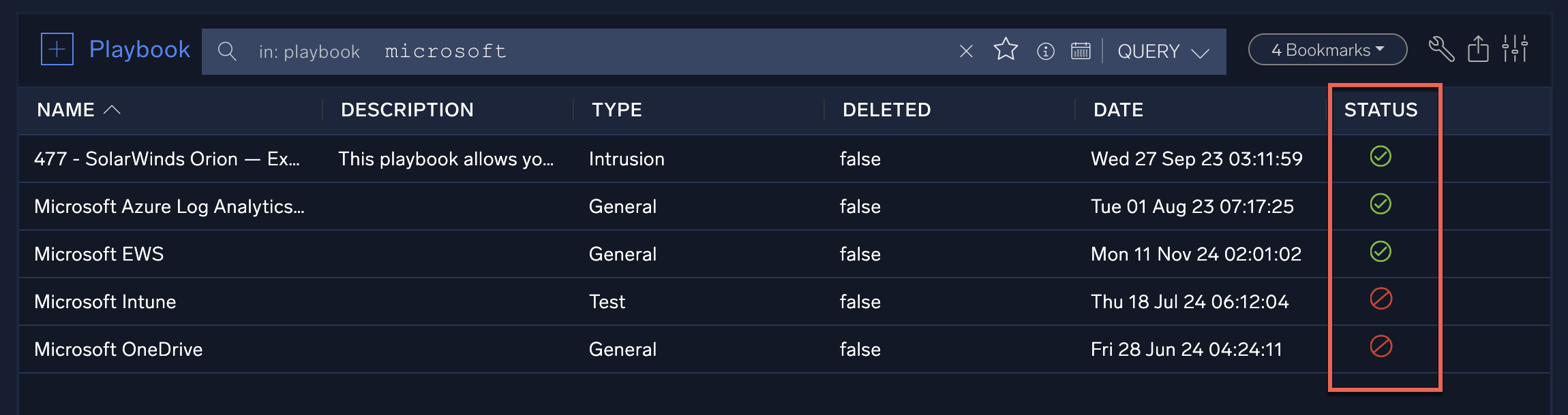Playbook status column