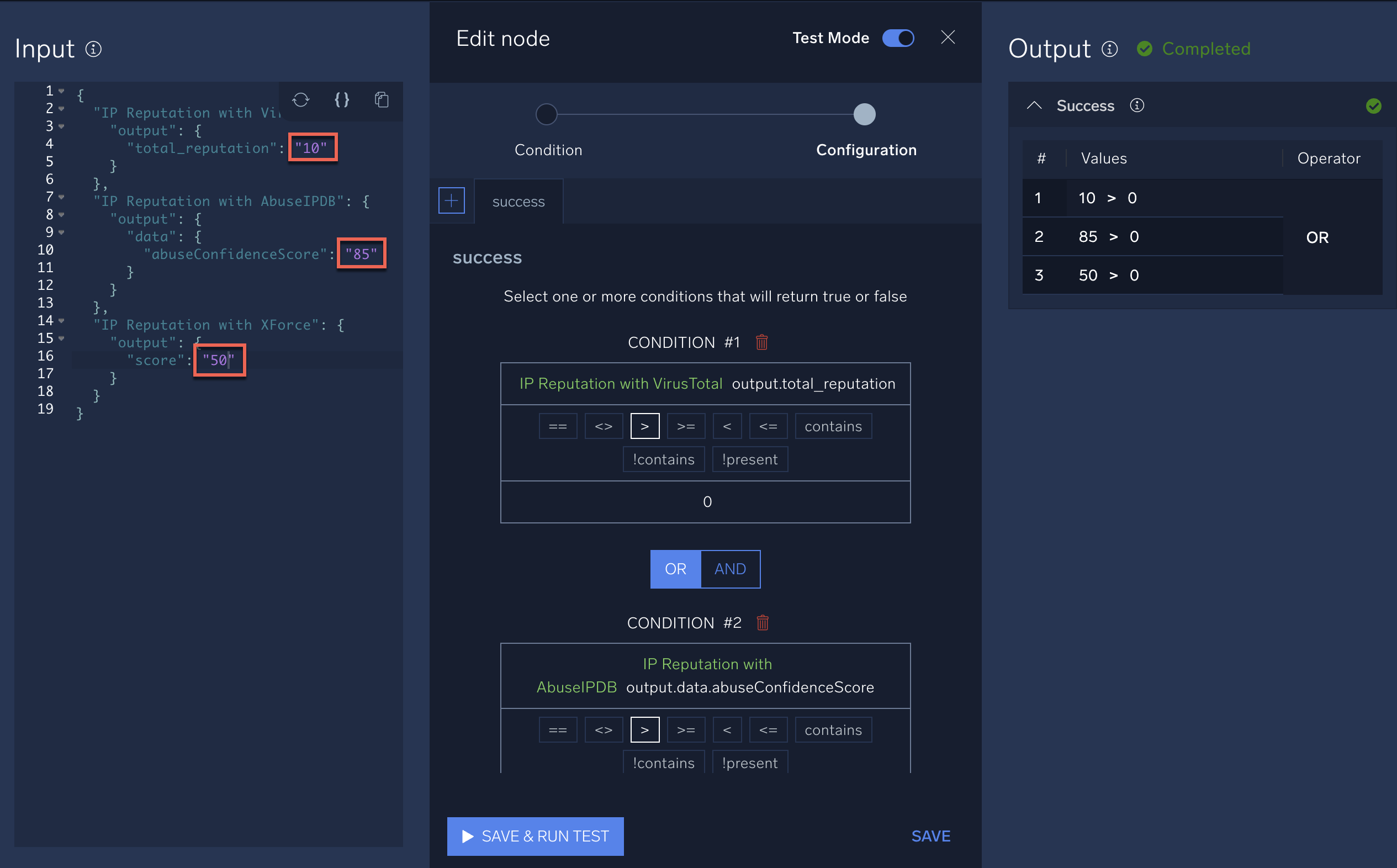 Condition node test variables