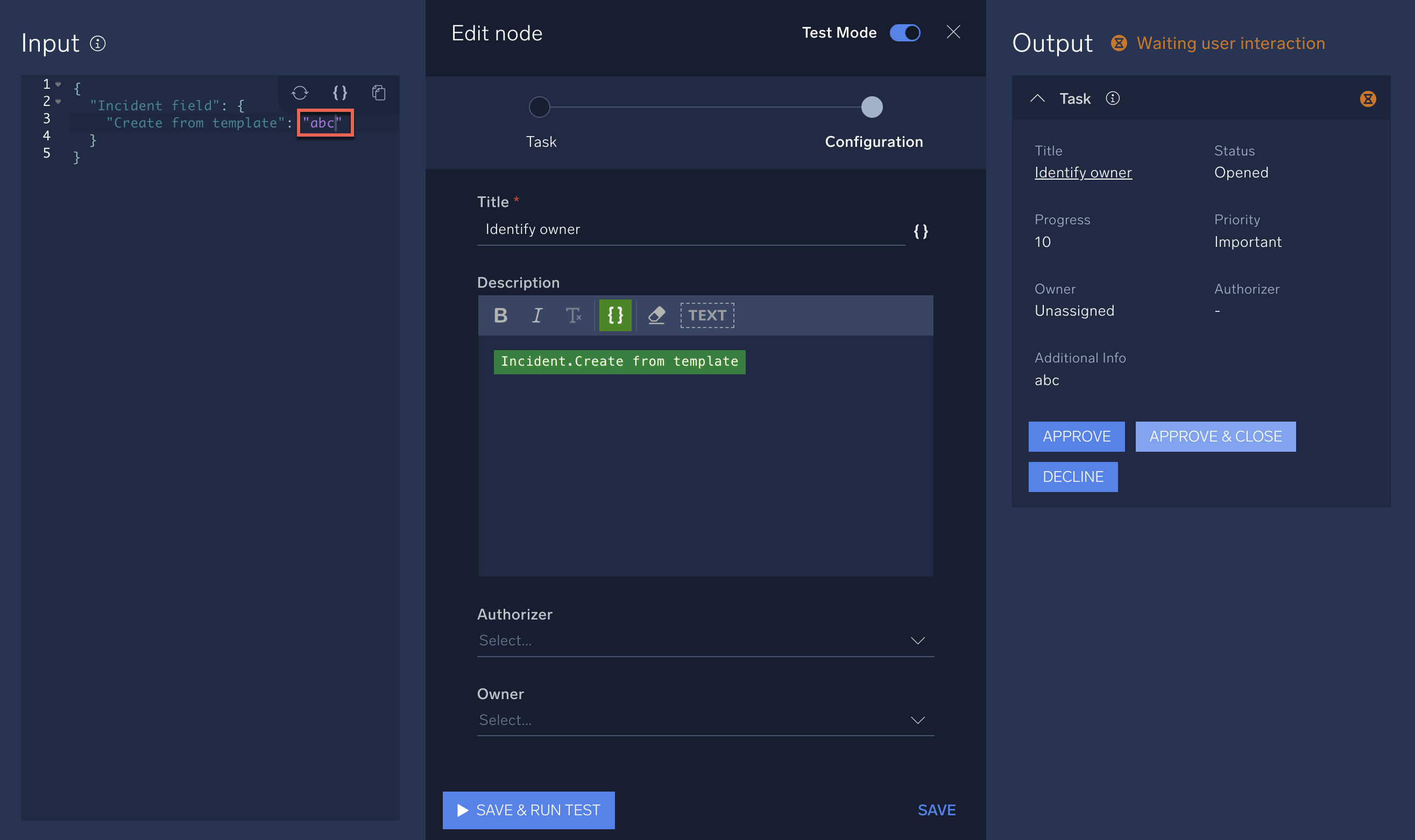 Task node test variables
