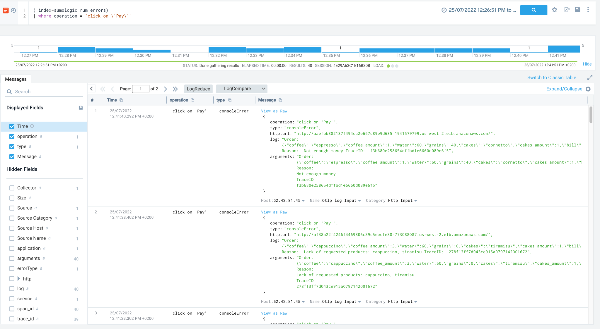 Sumo Logic log search displaying error logs filtered by the operation 'click on Pay'