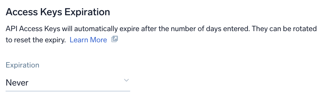 Access keys expiration settings in Sumo Logic, allowing automatic expiration of API access keys after a specified number of days.