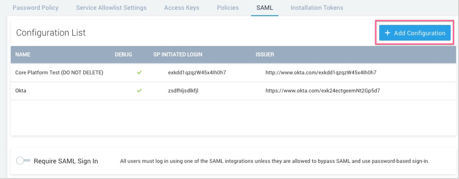 Add Configuration button on the Configuration List page