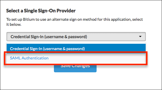 SAML Authentication selected