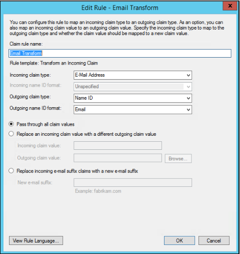 Email Transform window