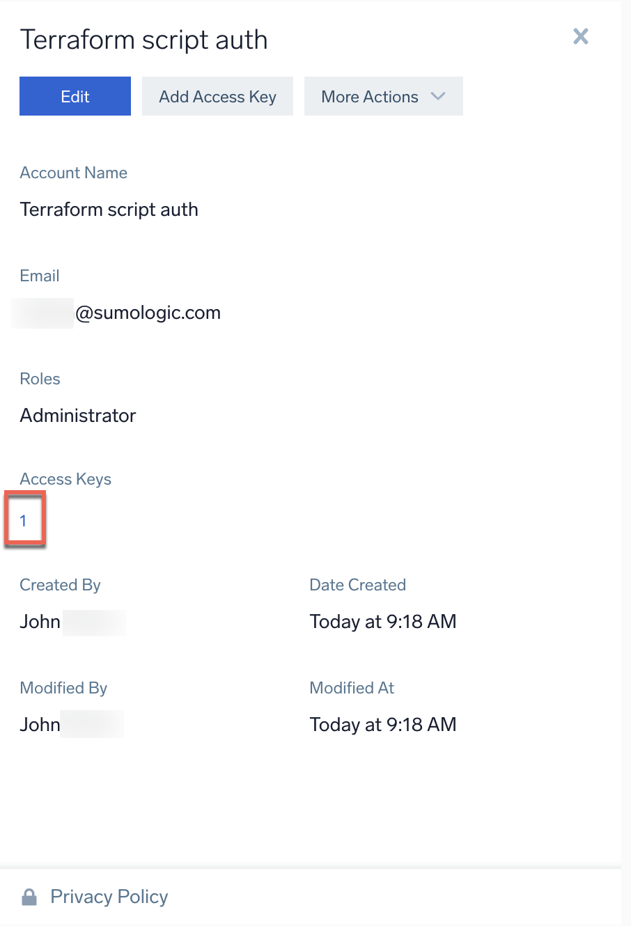 Edit access keys on a service account