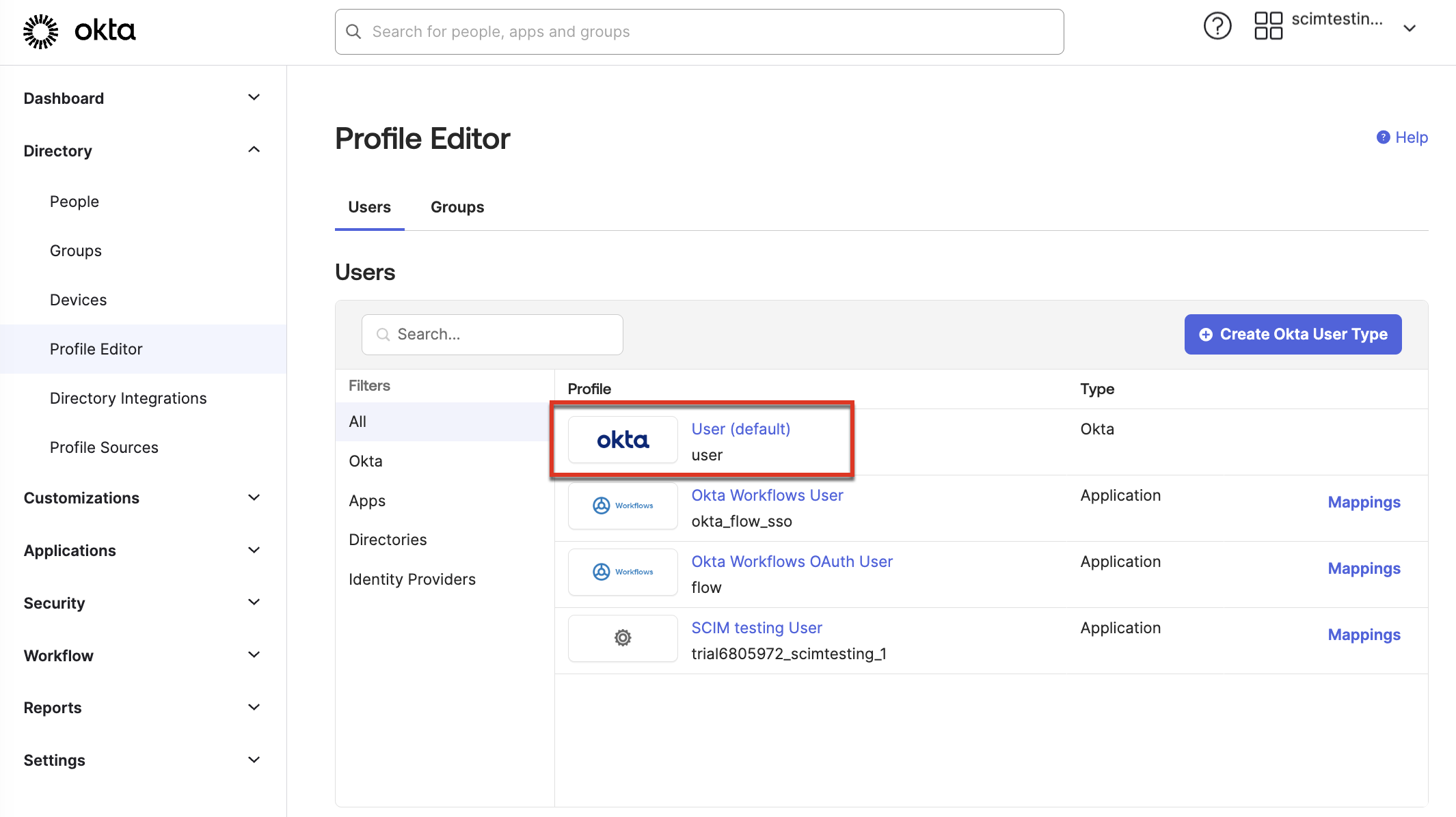 Okta Users tab