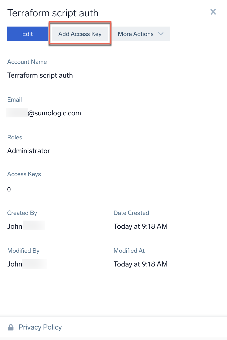 Add Access Key button on service account details pane