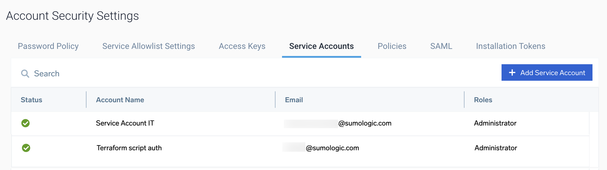 Service Accounts tab