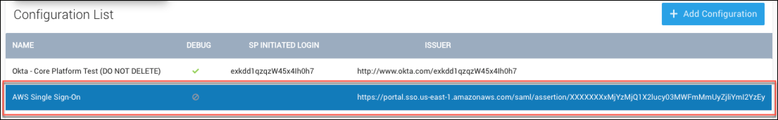 A configuration selected on the Configuration List page