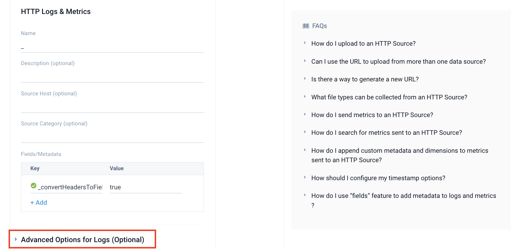 Screenshot of the advanced options for logs in Sumo Logic, focusing on the timestamp format settings