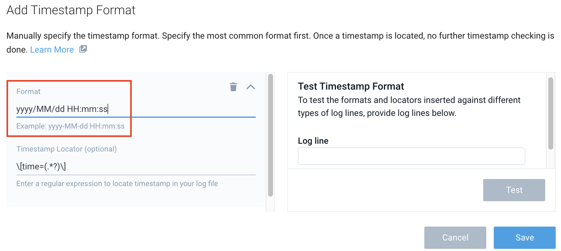 Screenshot showing the field where a user can input a custom timestamp format