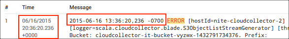 Screenshot showing the same log timestamps now displayed in Coordinated Universal Time (UTC) after changing the default time zone setting