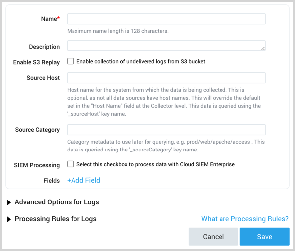 Screenshot of AWS Kinesis logs source options, including Name, Description, Source Category, and more.