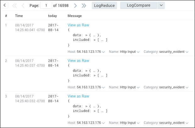 A screenshot of a Sumo Logic log query results table with columns for time, today, and message. The timestamps are in the format 'MM/DD/YYYY HH:MM.SSS -0700'.