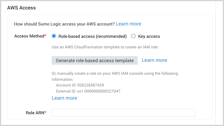 AWS Access configuration form in Sumo Logic showing options for 'Role-based access' and 'Key access', with 'Role-based access' selected and fields for Account ID, External ID, and Role ARN.