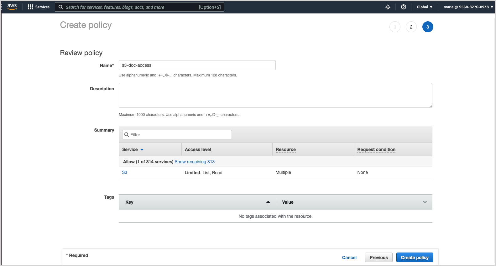 AWS IAM 'Create policy' interface showing a summary of the policy named 's3-doc-access', with allowed actions on S3 service.