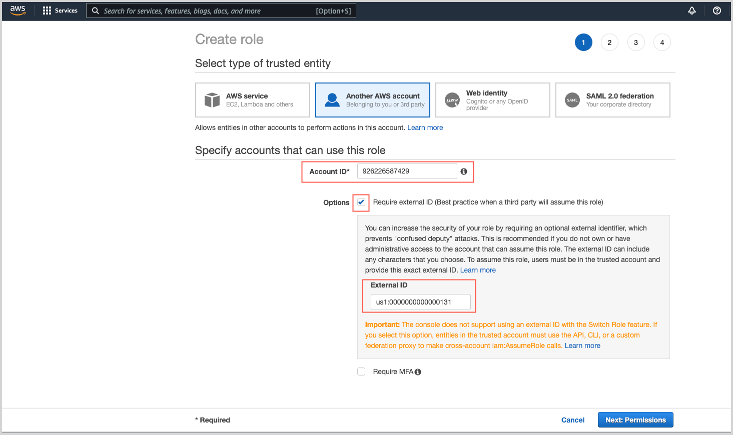 AWS IAM 'Create role' interface specifying trusted entities and accounts, highlighting fields for Account ID and External ID.