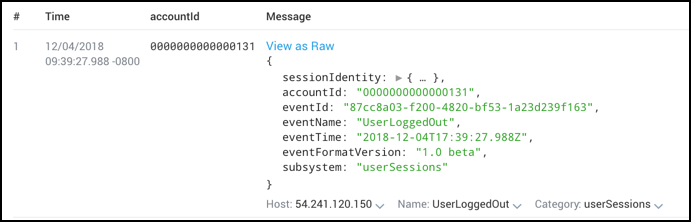Screenshot of a Sumo Logic search result showing a table with extracted JSON fields including a single key accountId displayed in the results