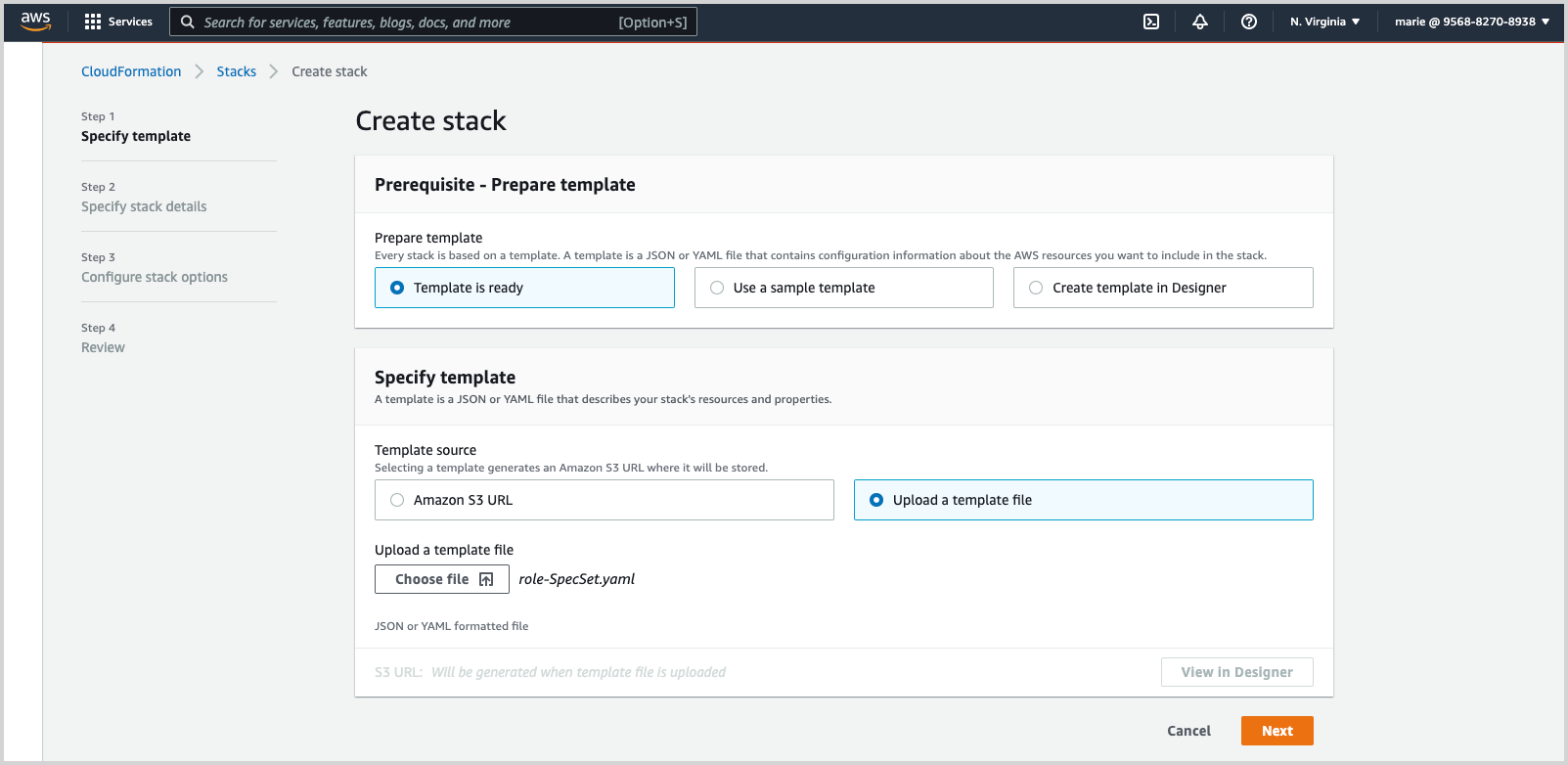 AWS CloudFormation 'Create stack' interface showing steps to specify template, including options to prepare and specify the template with upload options.