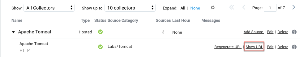 A screenshot of the Sumo Logic interface showing 'Apache Tomcat' collector details. It is hosted with a green status, source category 'Labs/Tomcat', 3 sources in the last hour, and no messages. Actions include 'Add Source', 'Edit', 'Delete', 'Regenerate URL', and 'Show URL' (highlighted in red).
