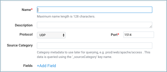 A screenshot of a Sumo Logic configuration form with fields for Name (required), Description, Protocol (UDP selected), Port (required, 1514), Source Category, and an option to +Add Field."