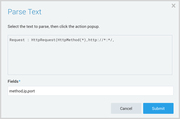 Screenshot of the 'Parse Text' dialog box in Sumo Logic. The dialog shows the text to parse: 'Request : HttpRequest(HttpMethod(), http://:*.' In the 'Fields' input box, the text 'method, ip, port' is entered. Below are 'Cancel' and 'Submit' buttons at the bottom.