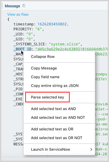 Screenshot of the Sumo Logic UI demonstrating the right-click context menu to parse a selected JSON key, with an example key _BOOT_ID being added to the query