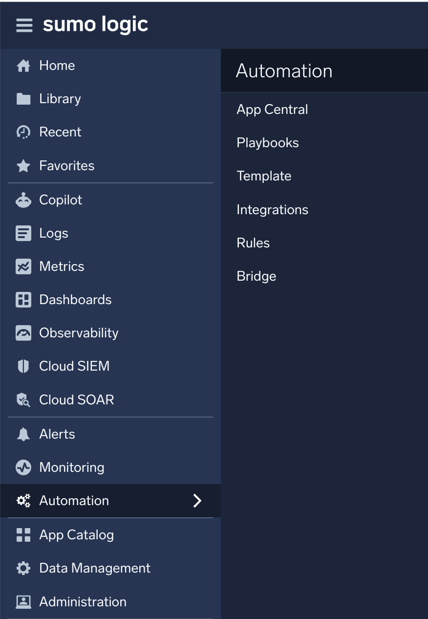 Cloud SOAR sidebar menu