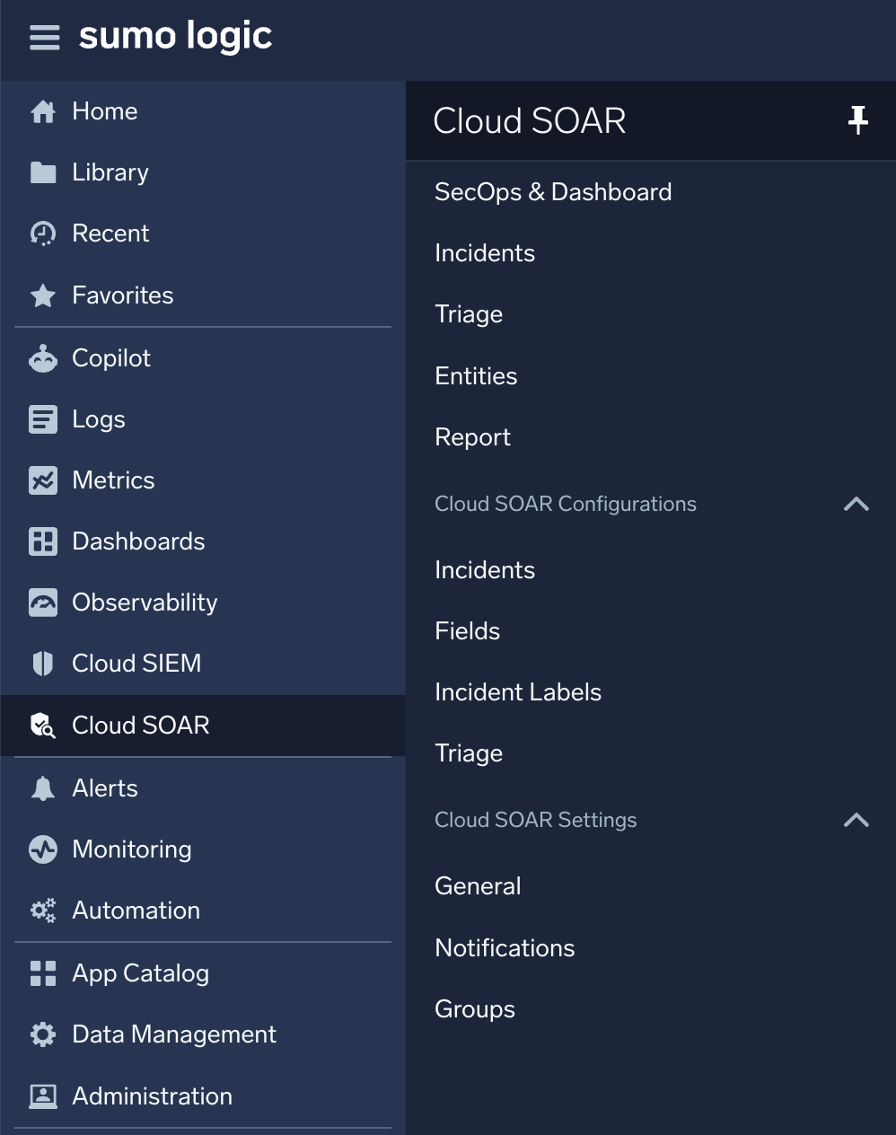 Cloud SOAR sidebar menu