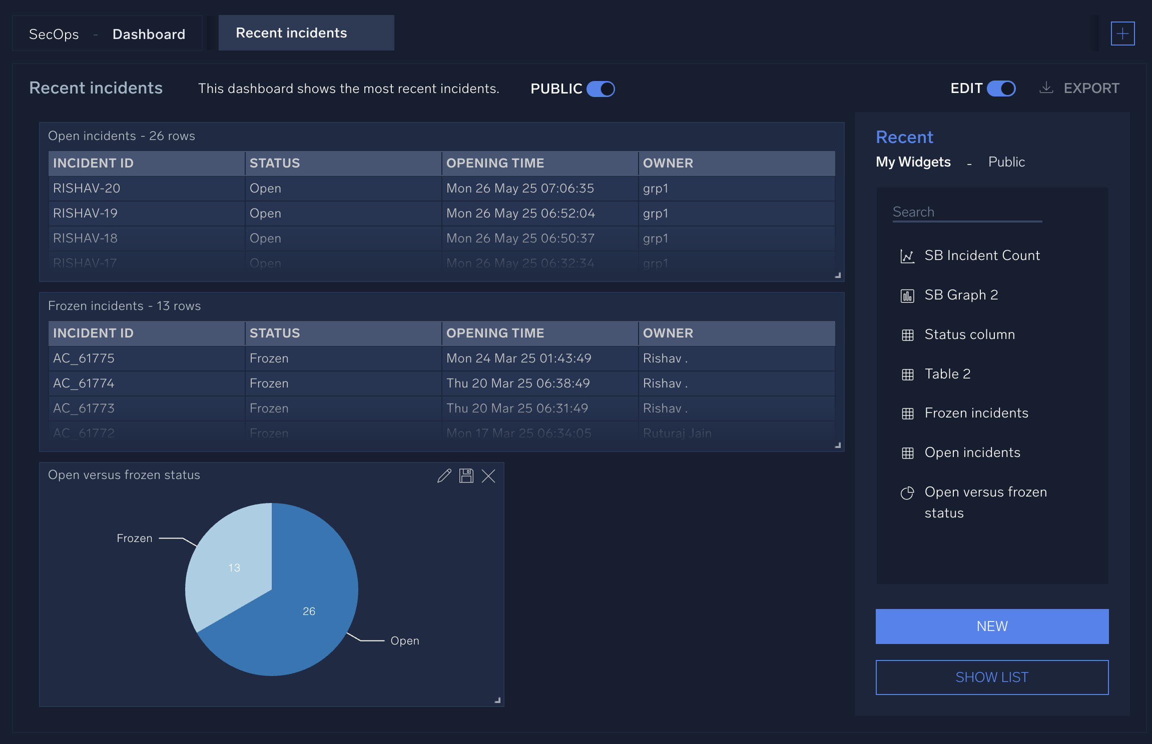 Open and frozen incidents